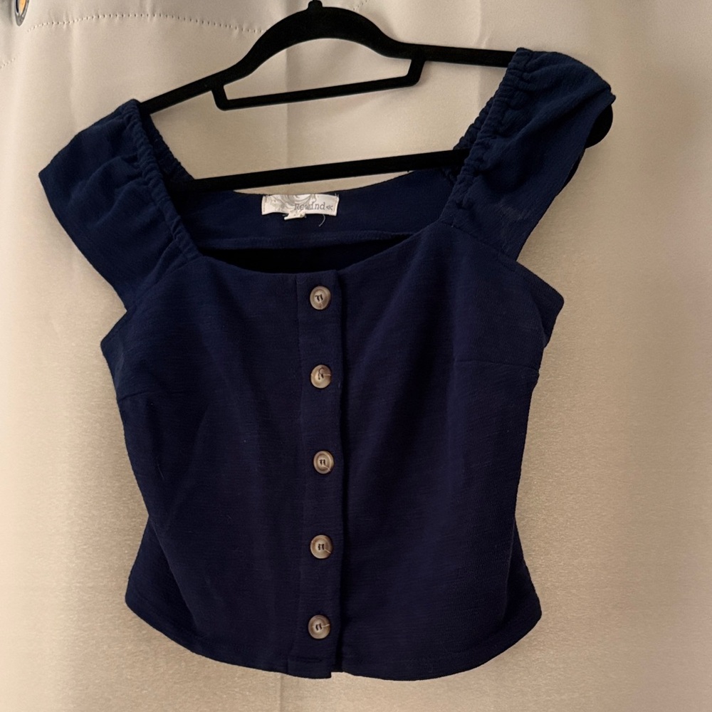 Rewind Cropped Navy Button-Up Blouse